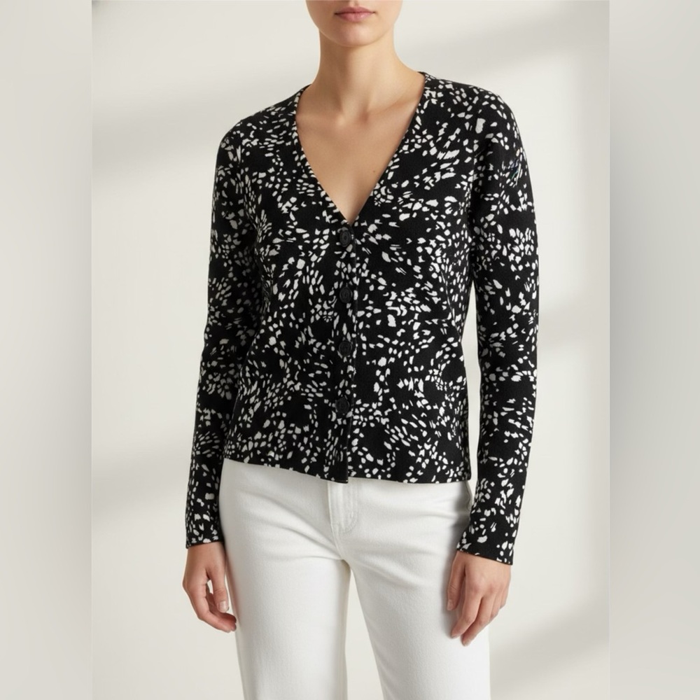 NWT NINE WEST Knitted Cardigan Women S Black White Spotted Abstract V Neck